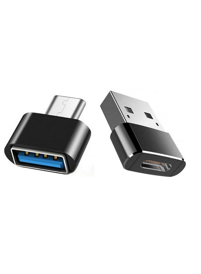 طقم محولات USB عالمية قطعتين (لون أسود): محول من USB-A إلى Type-C ومحول Type-C إلى USB-A - يدعم نقل البيانات والشحن السريع بقوة 12 فولت 3 أمبير - Image 1